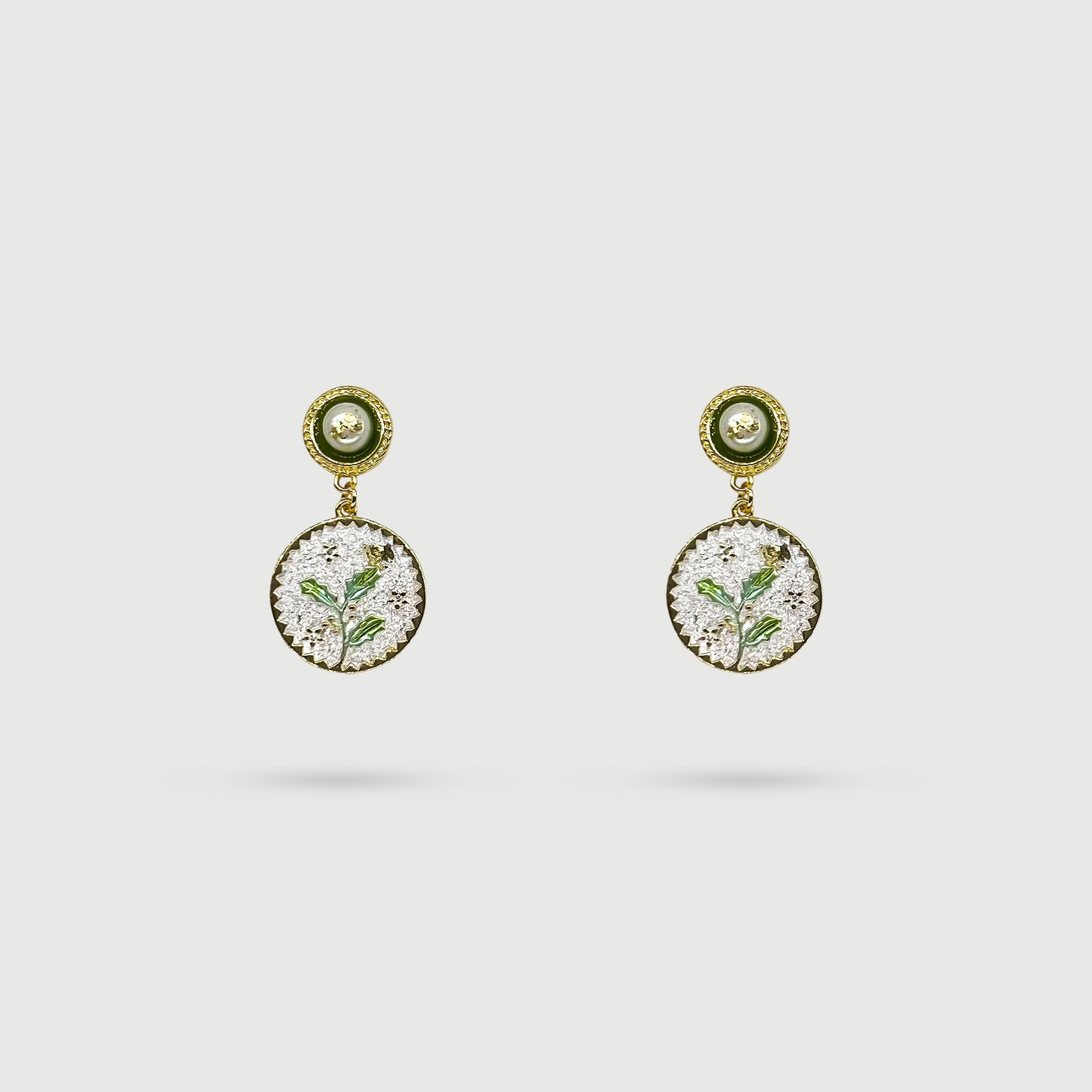 Small white flower earrings with leaves and fruits