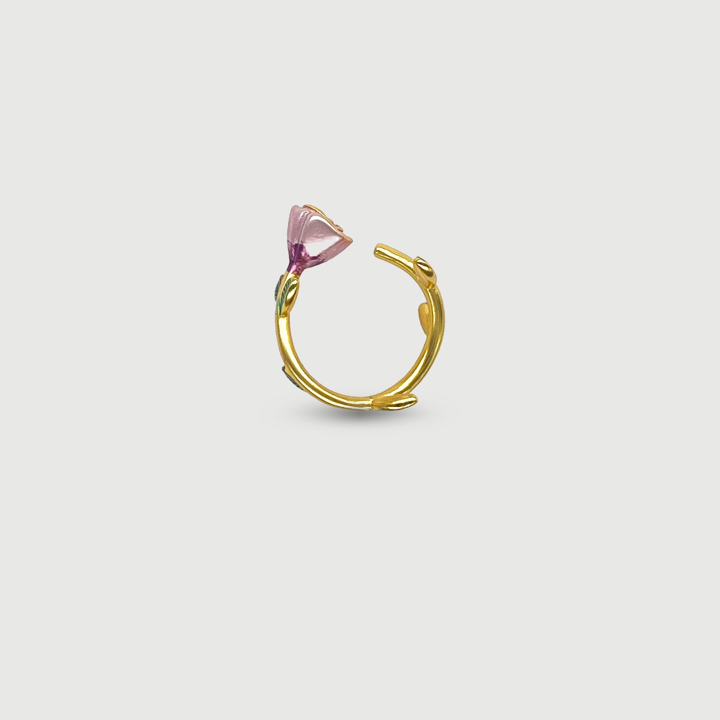 Bague ajustable fleur Rose rose avec feuilles