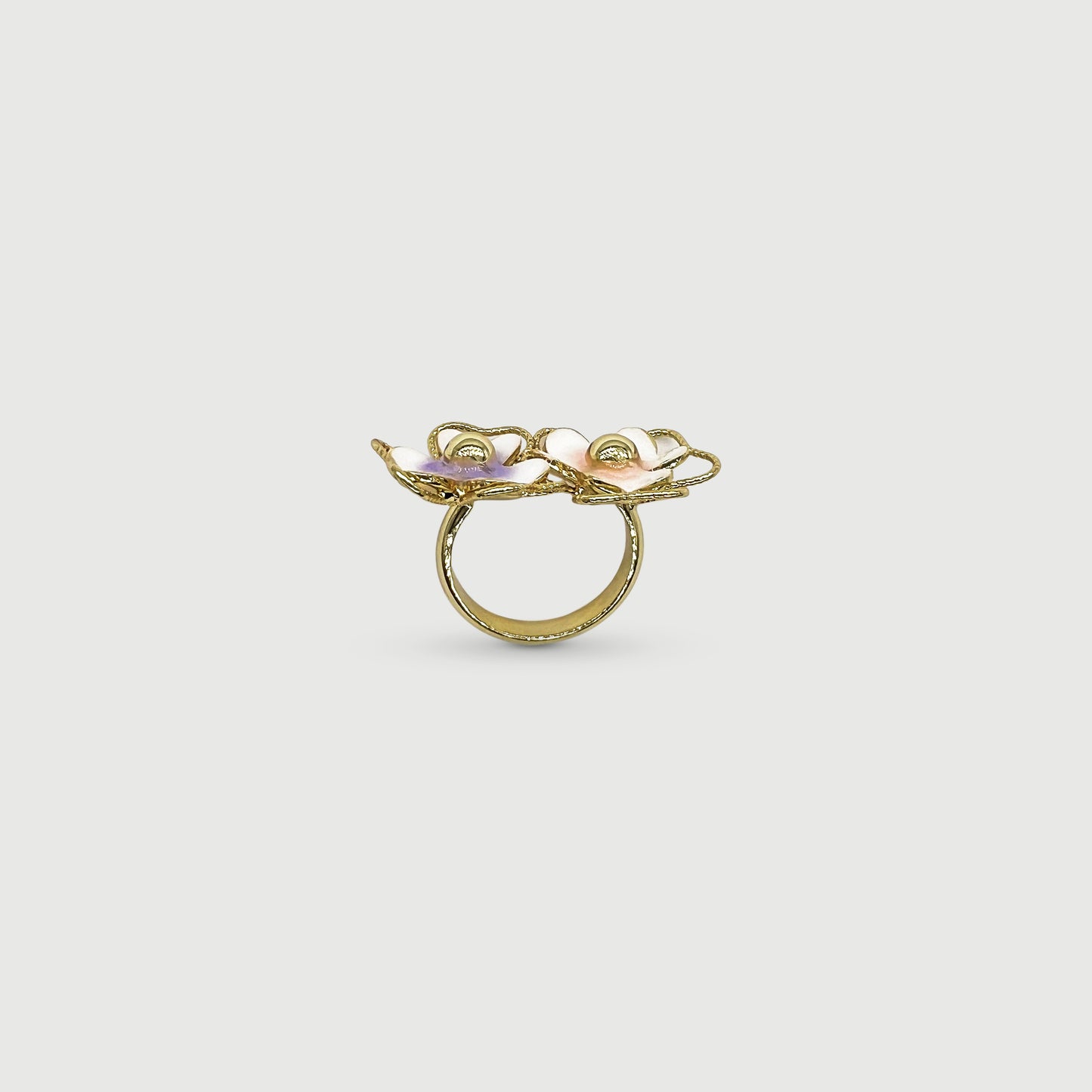 Bague ajustable deux fleurs pensées violettes et roses