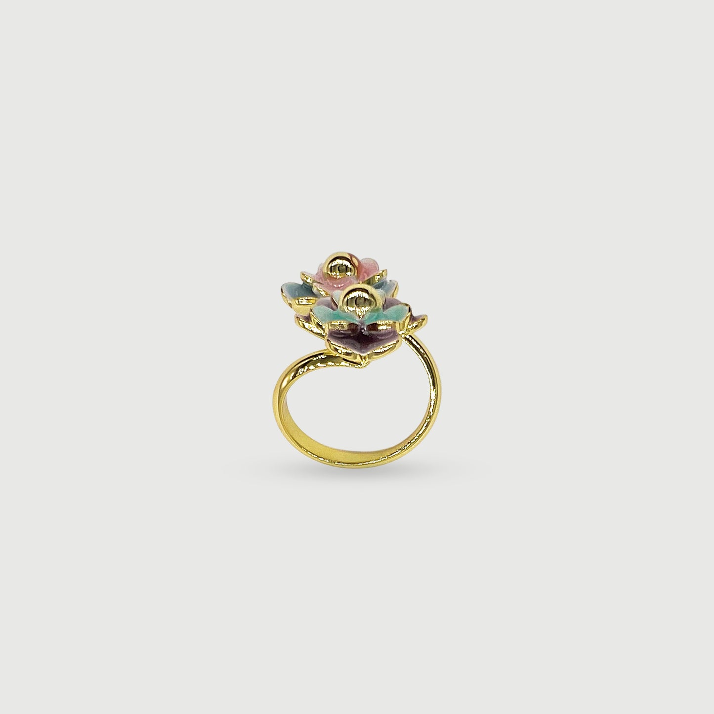 Bague ajustable deux fleurs Viola bleues et roses