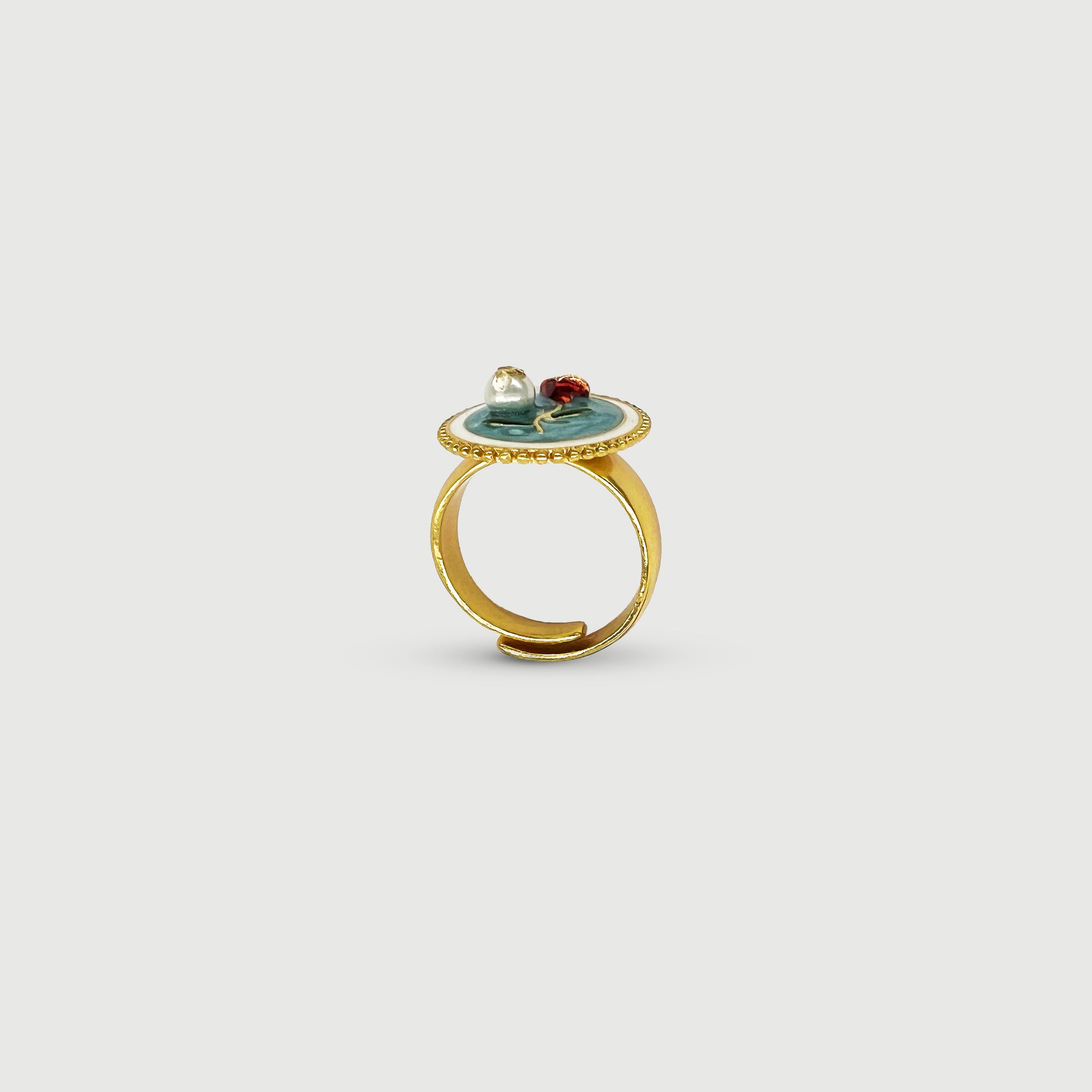 Bague ajustable rose rouge en relief avec perle acrylique, émaillée à la main, collection Jardin, idée cadeau élégante bijoux femme