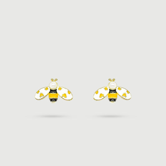 Boucles d'oreilles abeille avec cœurs et perle acrylique, émaillé à la main, collection Animaux, idée cadeau bijoux femme élégants