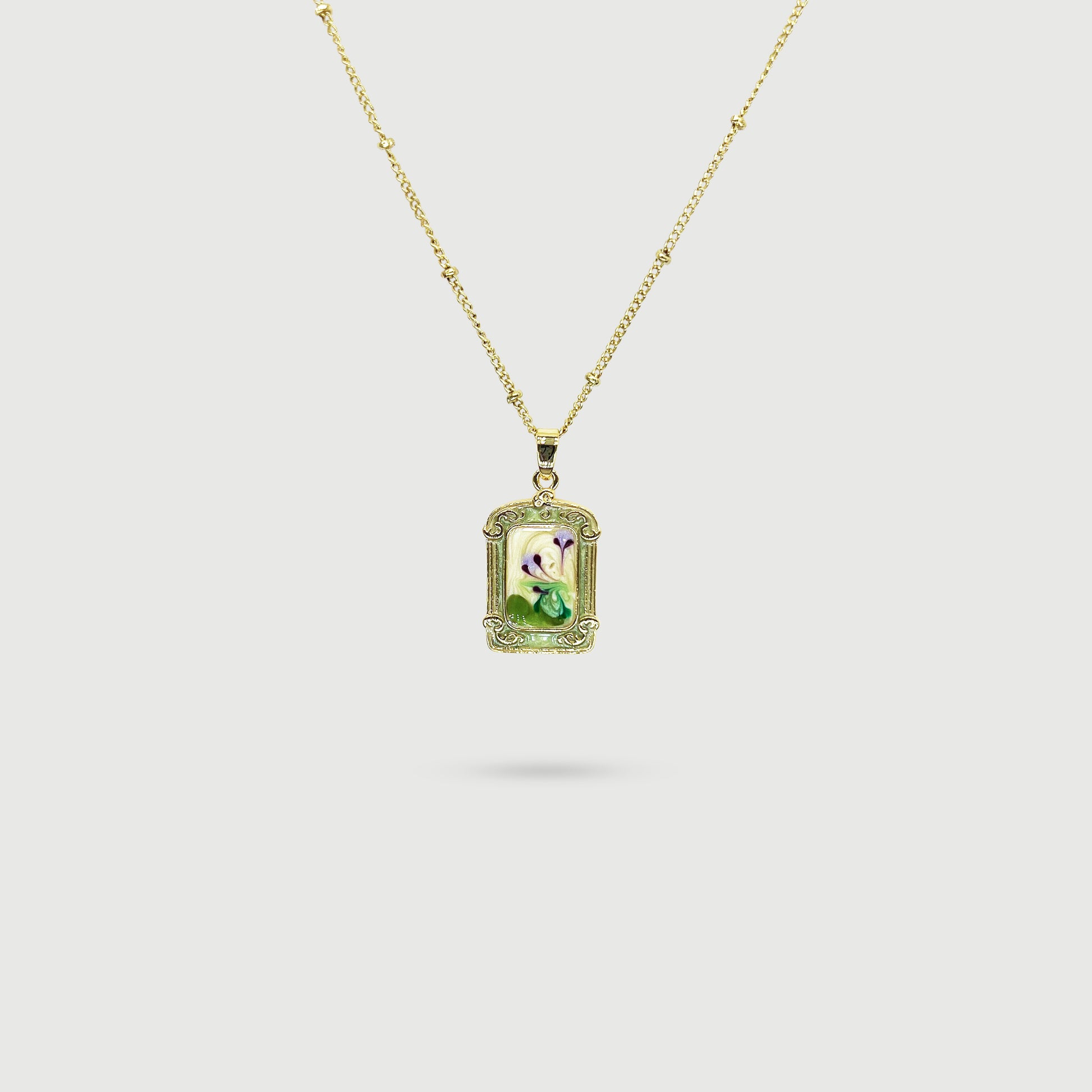 Collier peinture rectangulaire de fleurs violettes émaillé à la main, collection Jardin, bijoux femme élégant, idée cadeau raffiné