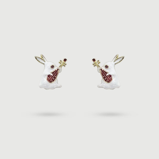 Boucles d'oreilles lapin blanc avec guitare rouge
