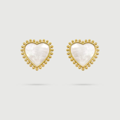 Boucles d'oreilles grand cœur en nacre entouré de points dorés
