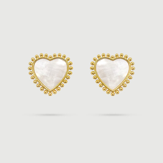 Boucles d'oreilles grand cœur en nacre entouré de points dorés
