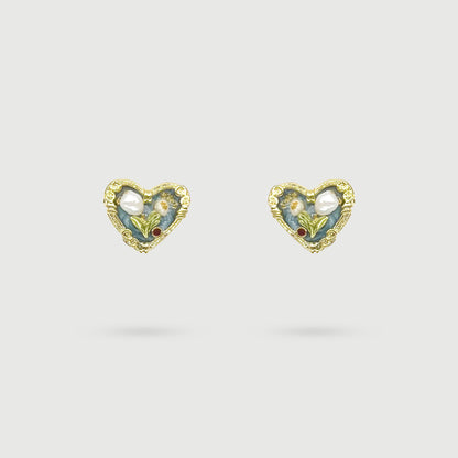 White Flower Heart Shaped Painting Earrings with Pearls
