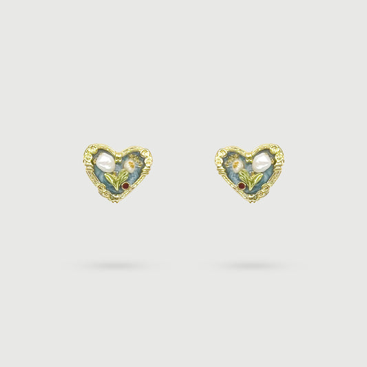 White Flower Heart Shaped Painting Earrings with Pearls