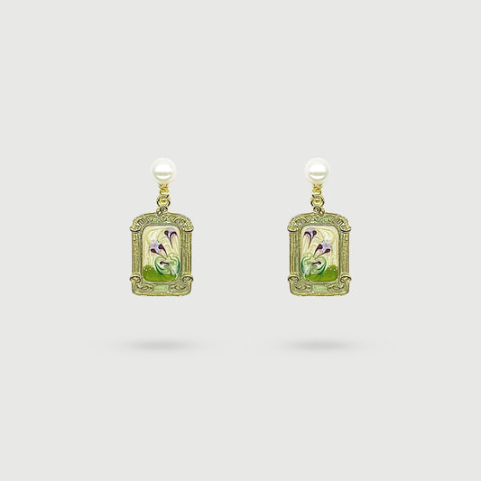 Boucles d'oreilles peinture rectangulaire de fleurs violettes