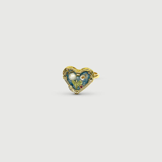 Bague ajustable peinture en forme de cœur de fleur blanche avec perles