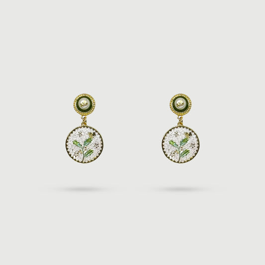 Small white flower earrings with leaves and fruits
