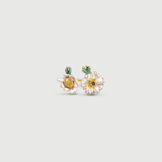 Bague ajustable deux fleurs rose pâle avec pierre en verre rose foncé