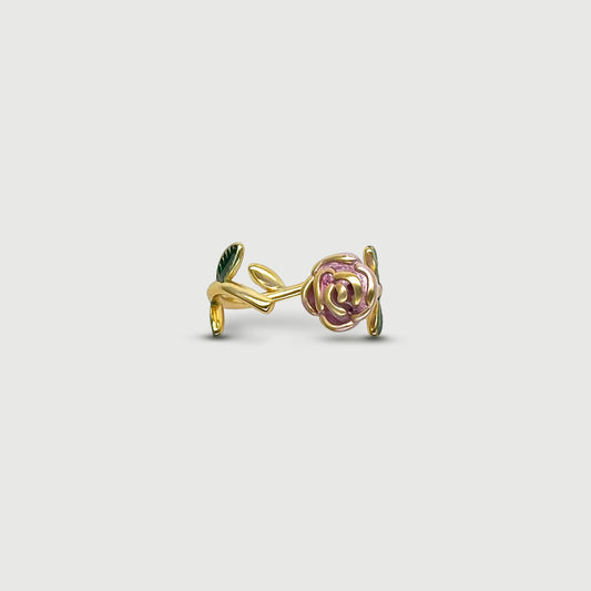 Bague ajustable fleur Rose rose avec feuilles