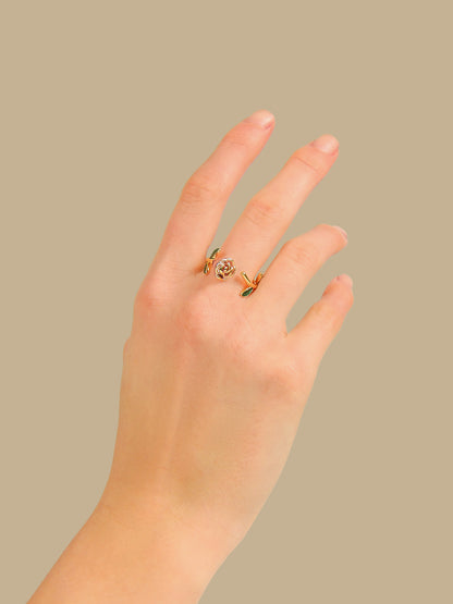 Bague ajustable fleur Rose rose avec feuilles