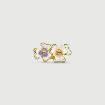 Bague ajustable deux fleurs pensées violettes et roses