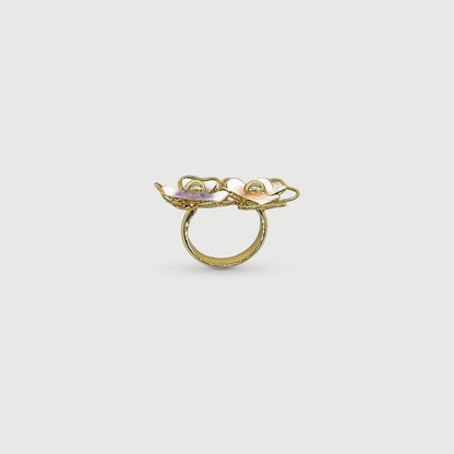 Bague ajustable deux fleurs pensées violettes et roses
