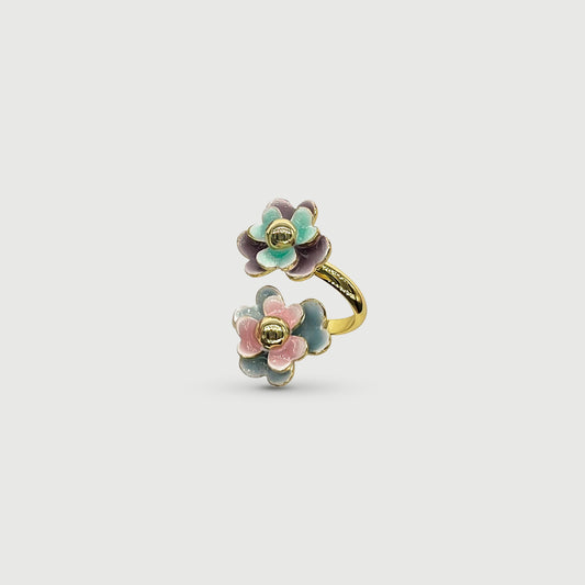 Bague ajustable deux fleurs Viola bleues et roses