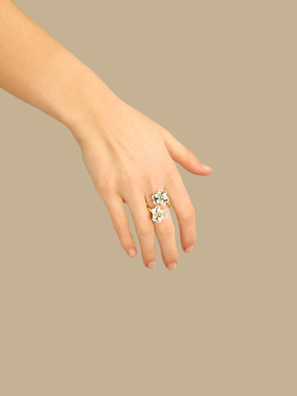 Bague ajustable deux fleurs Viola bleues et roses
