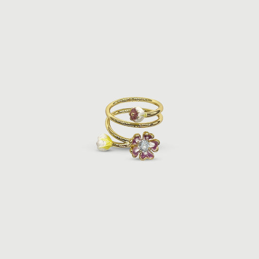 Bague ajustable trois fleurs Viola avec pierre en verre bleu clair