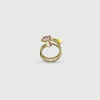 Bague ajustable trois fleurs Viola avec pierre en verre bleu clair