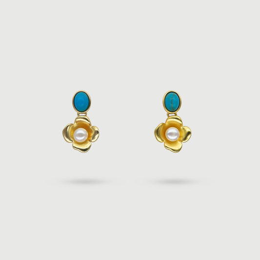 Boucles d'oreilles pierre de Chrysocolle et fleur dorée avec perle nacrée